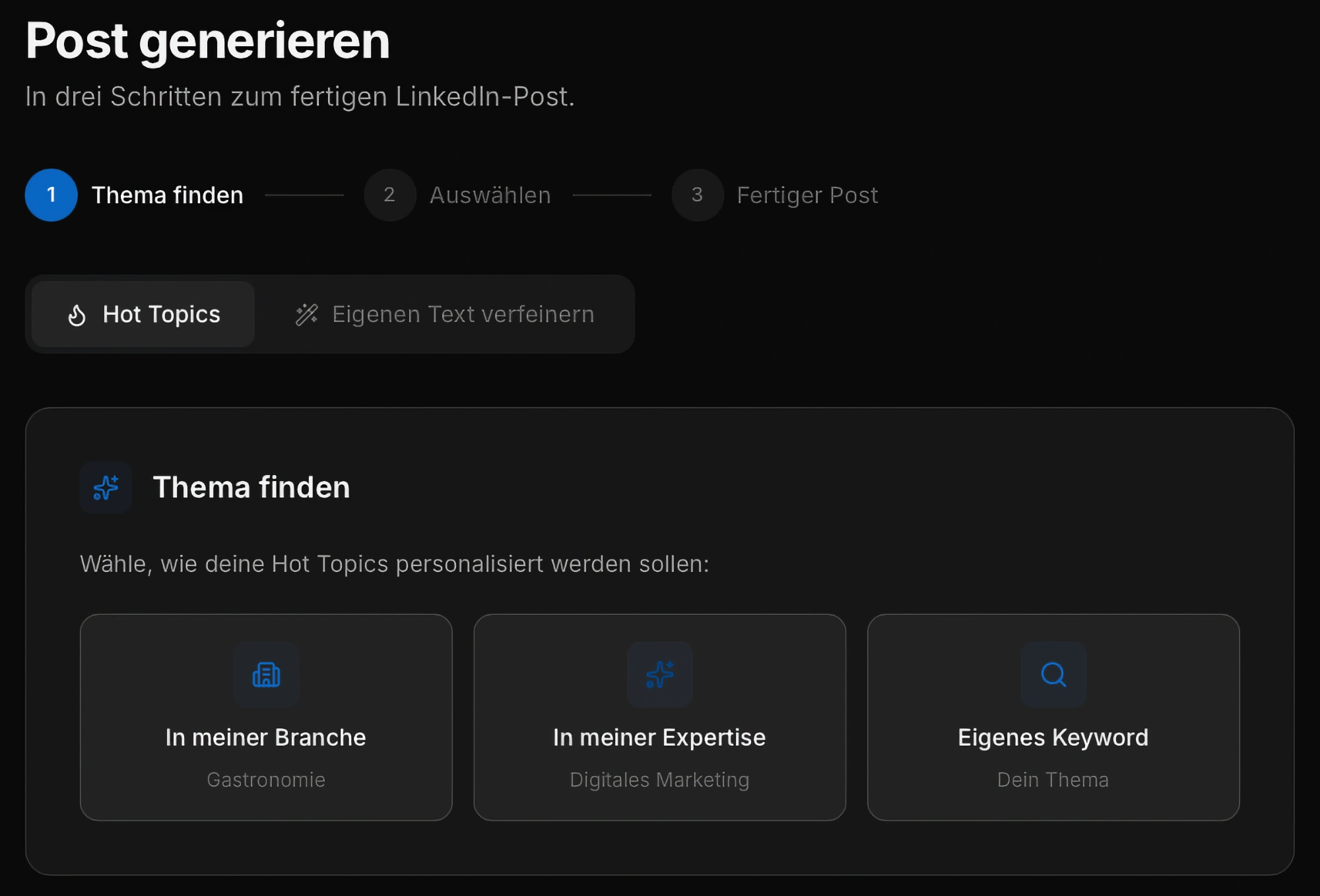 Post-Editor mit Verfeinerungs-Optionen und Live-Statistiken